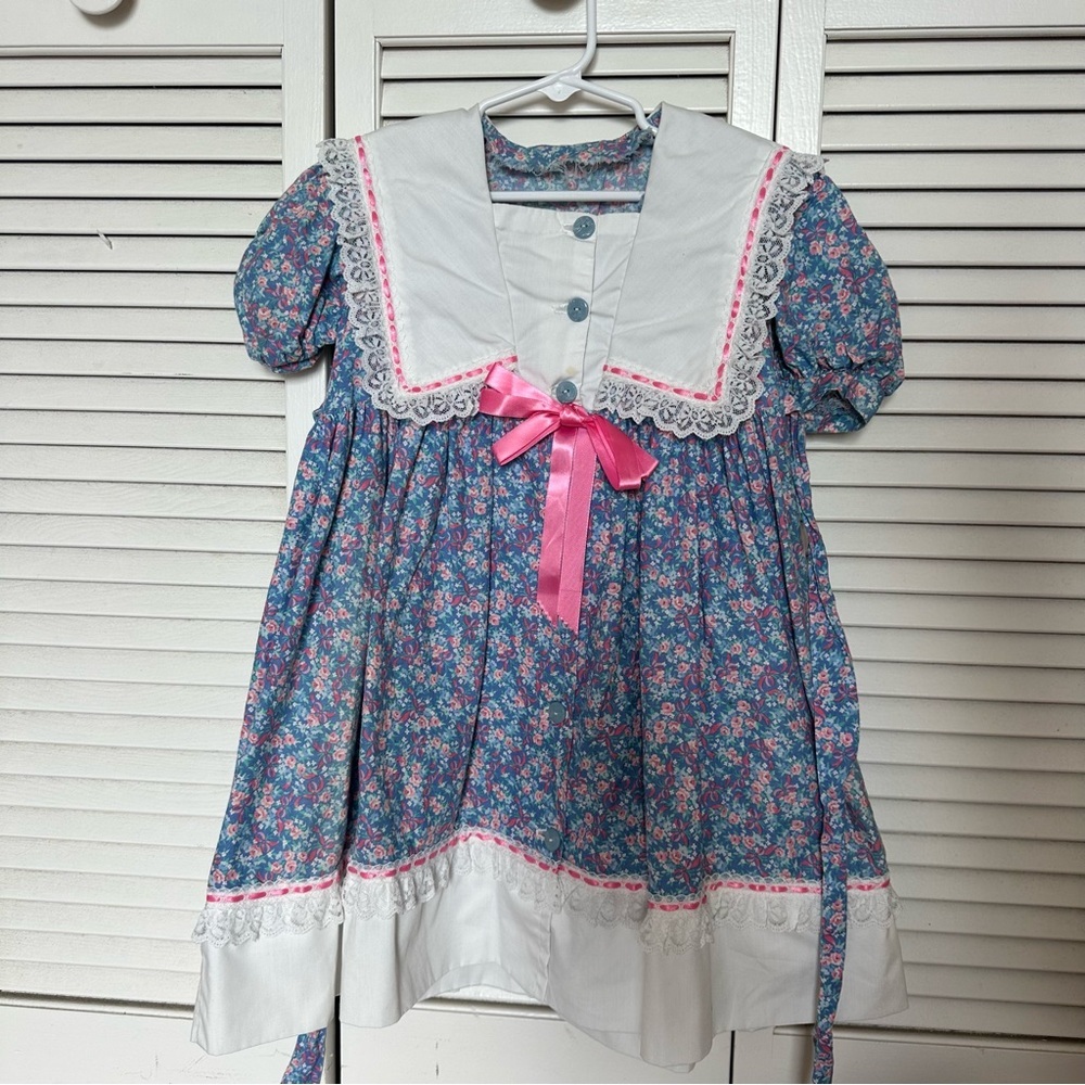 Handmade VTG Floral Sailor Collar Girls Dress Lace Trim Cottagecore Prairie 90s